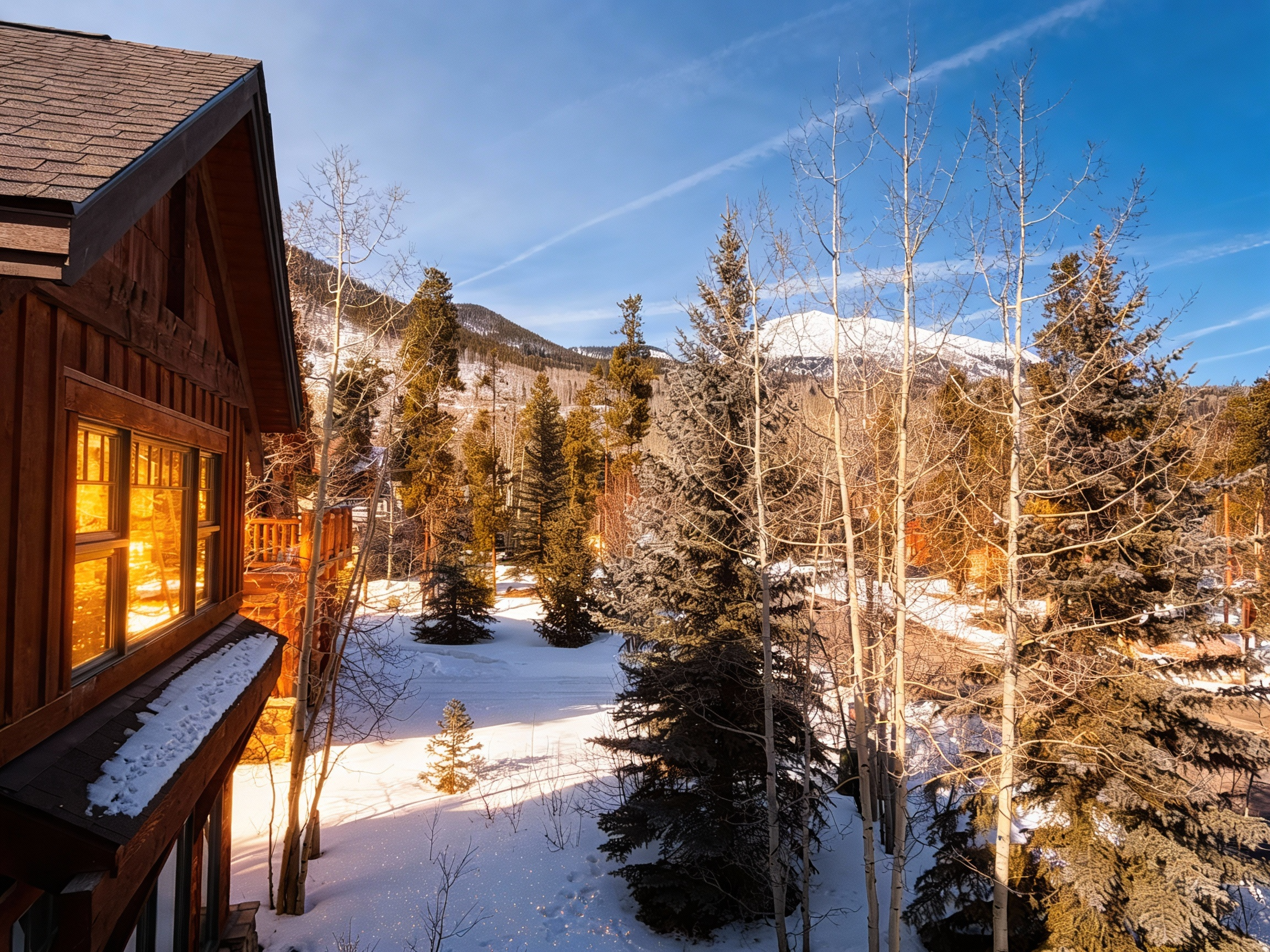 Private backyard with mature landscaping and mountain backdrop