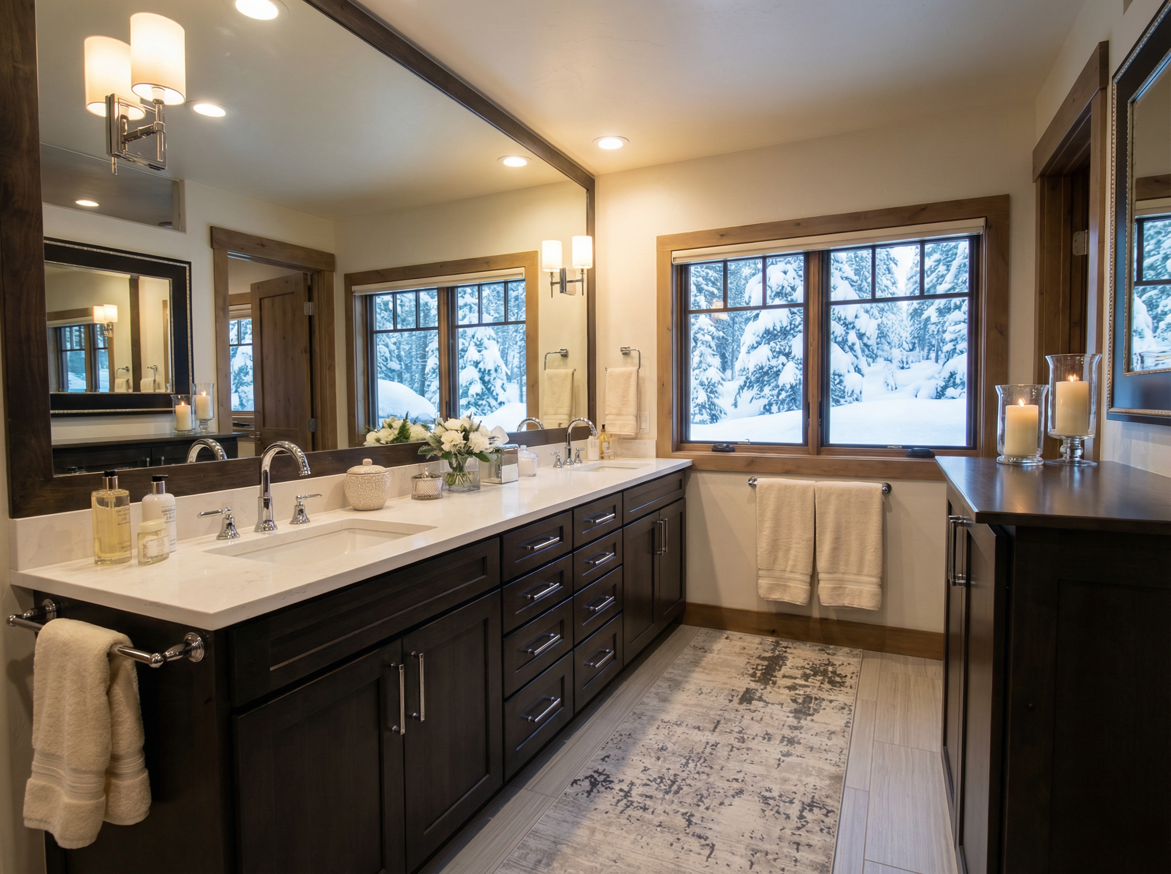Primary spa bathroom with double quartz vanity