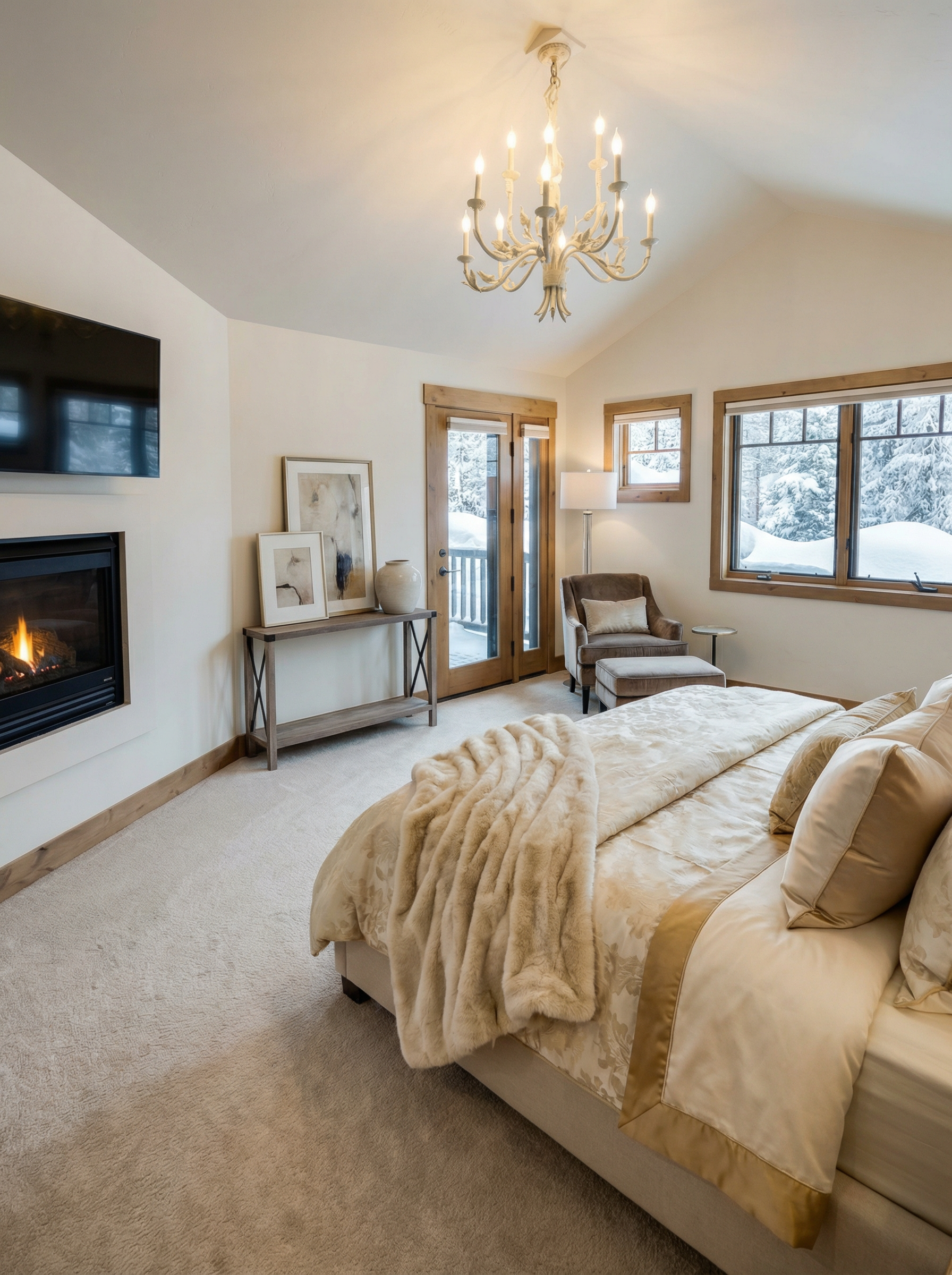 Primary bedroom suite with fireplace and balcony access