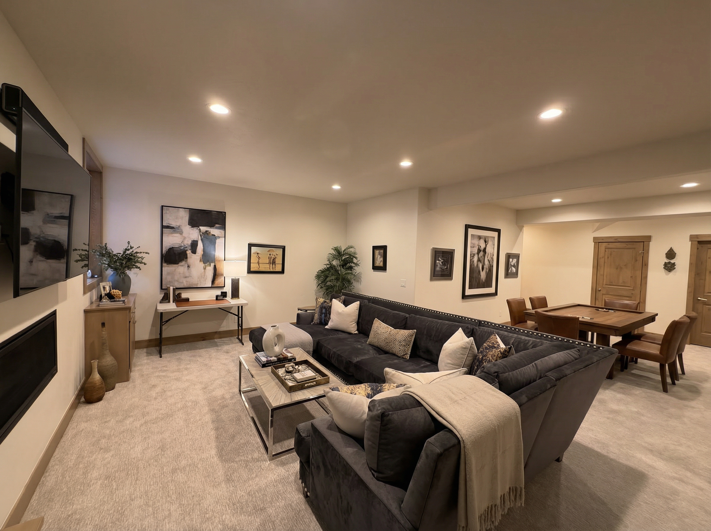 Lower-level family room with entertainment setup