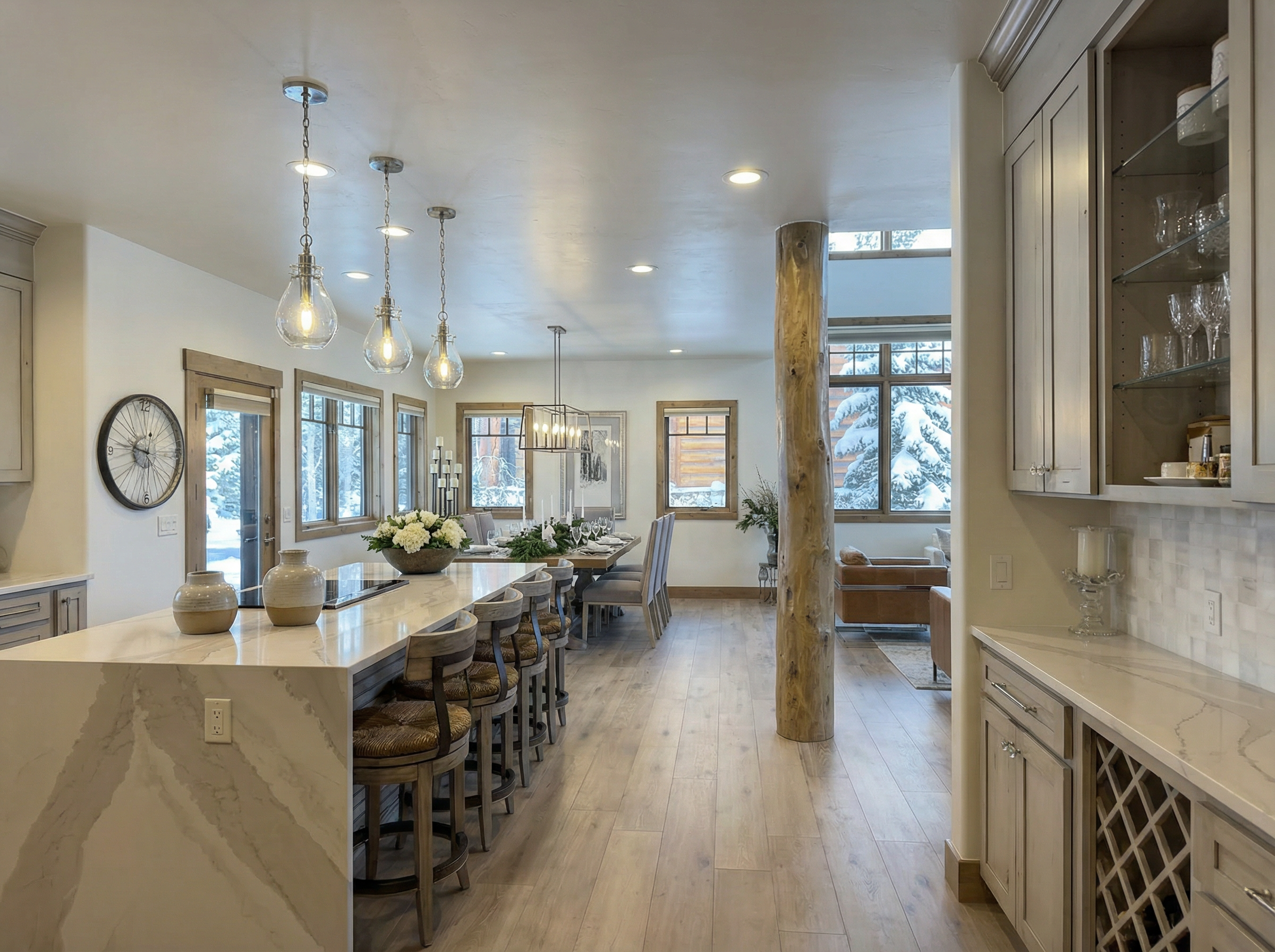 Open kitchen flowing into dining area