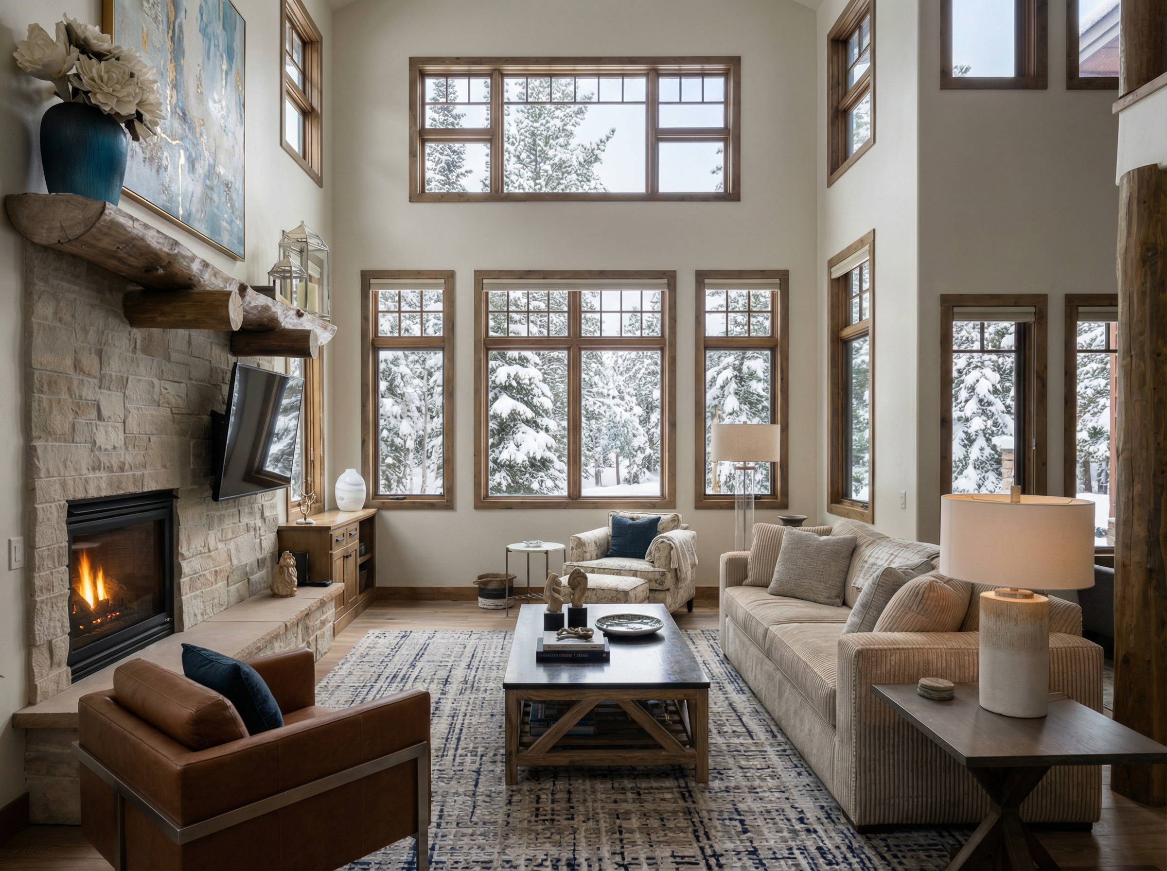 Open-concept living room with stone fireplace and mountain views at 169 Rose Crown Circle