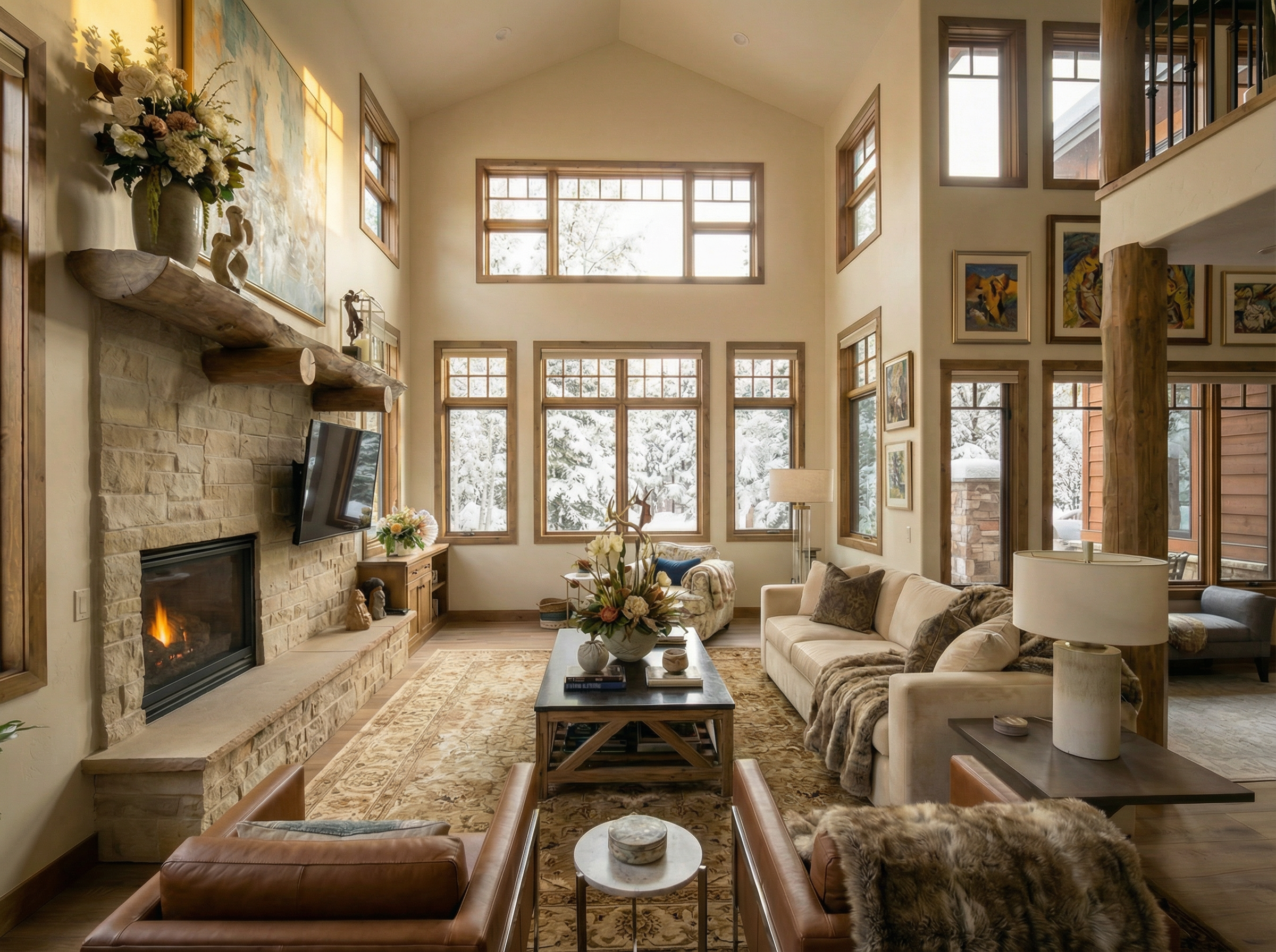Great room with vaulted ceilings and natural light
