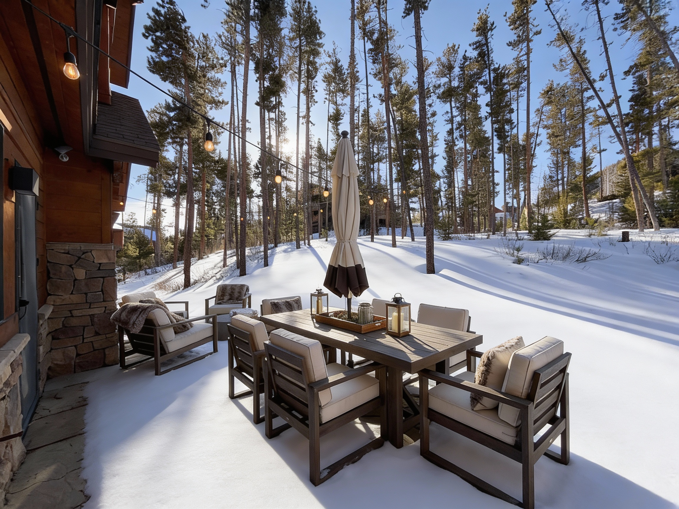 Stone patio with cafe lights overlooking Mount Royal