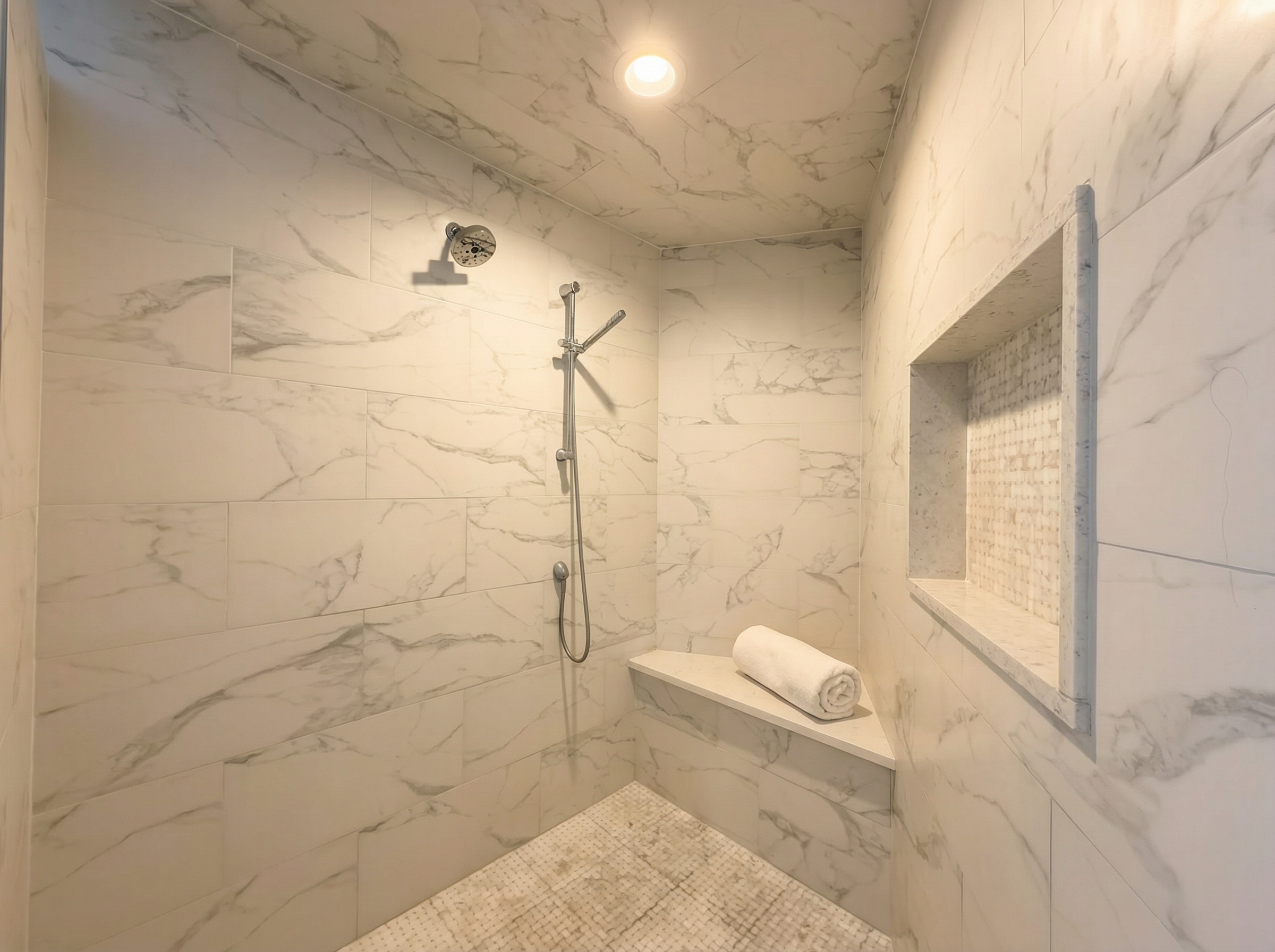 Oversized spa shower with tile surround